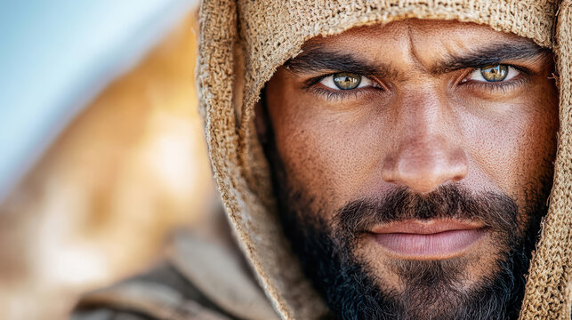 Close up portrait of man with intense green eyes and beard, wearing textured hood. image conveys
