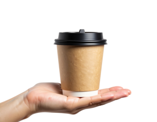 Hand Holding Disposable Coffee Cup with Lid, Front View, Isolated on White Background