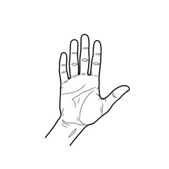 A black and white line art illustration of a human hand with an open palm and fingers spread.
