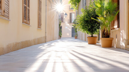 Naklejka premium Quiet alleyway with soft morning sunlight creating calm atmosphere, featuring potted plants