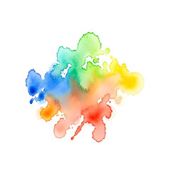 Colorful watercolor splash with blue, green, yellow, orange, and red hues on white background.