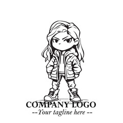 Black and White Chibi Girl Standing in Jacket, Pants, and Boots. Simple Bold Vector Illustration