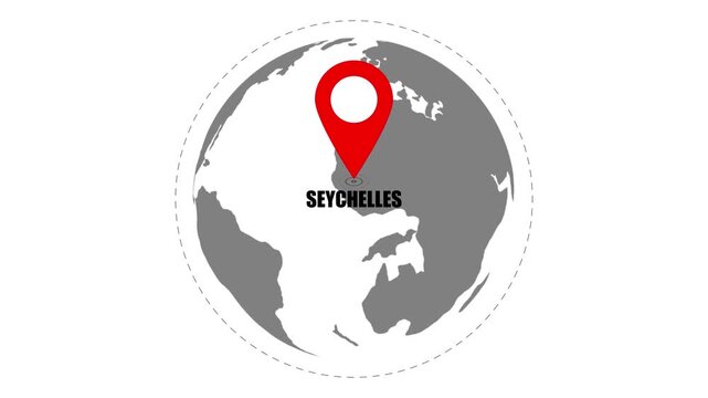 Location of the country Seychelles with GPS location tracking icon animation.Rotating earth globe with map marker navigation concept.