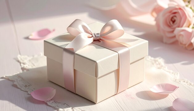 A pristine white gift box with a delicate pink ribbon and roses nearby