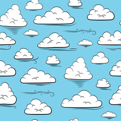 Cloudy sky seamless pattern. Color Hand Drawn Clouds. Sky Elements on Blue Background. Print for packaging, fabric, wallpaper and other surfaces