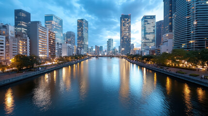 Fototapeta premium Serene cityscape featuring skyscrapers reflecting calm river dusk, creating peaceful atmosphere