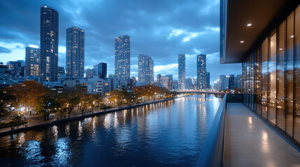 Obraz premium Serene cityscape featuring skyscrapers reflecting calm river twilight, creating peaceful