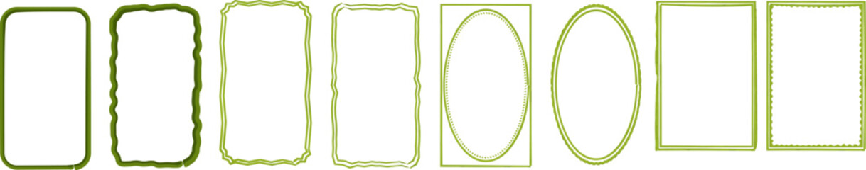 Hand drawn green frame set with decorative rectangular and oval borders for scrapbook, label, photo frame, and design projects.