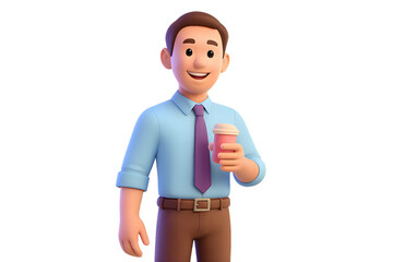 3D illustration of a male office worker holding a coffee cup