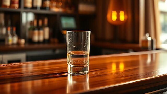 highball. Elegant wooden bar counter with a single highball glass, showcasing refined simplicity in warm lighting. bar promotions.