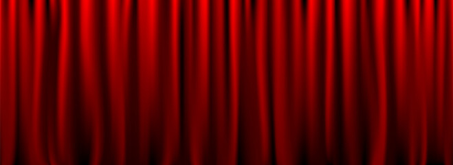 Fototapeta na wymiar Red velvet curtain background. Closed curtains wallpaper for theater stage or cinema, circus. Crimson fabric drapery backdrop for award, show, performance. Vector textile room scene banner concept