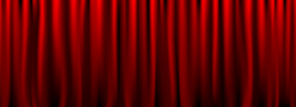 Red velvet curtain background. Closed curtains wallpaper for theater stage or cinema, circus. Crimson fabric drapery backdrop for award, show, performance. Vector textile room scene banner concept