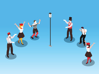 Isometric Group of Mime and Vaudeville Performers on Stage with a Street Lamp 3d vector illustration