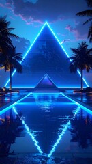 Illuminated pyramid reflects in neon-lit pool at dusk