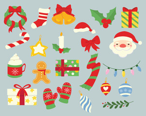 Cute Christmas Design Element Vector Illustration Set Isolated On A Plain Background. illustrations for sale, promotion, branding, labels, posters, cards, invitation, greeting card, social media.