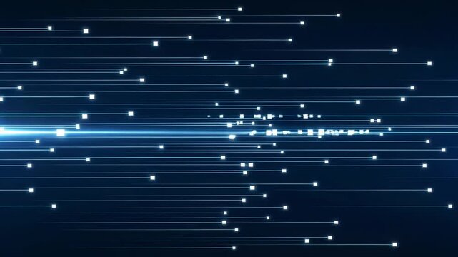 Abstract digital network of glowing particles and light streaks on a dark blue background, representing data transfer and connectivity in a futuristic concept - Powered by Adobe