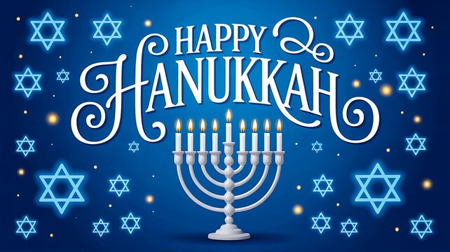 Happy hanukkah greeting card with menorah candles and star decorations on blue background
