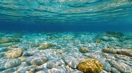 Fototapeta premium Clear water reveals smooth stones and coral formations beneath surface, creating serene