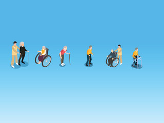 Isometric Elderly People with Caregivers and Mobility Aids for Assisted Living 3d vector illustration