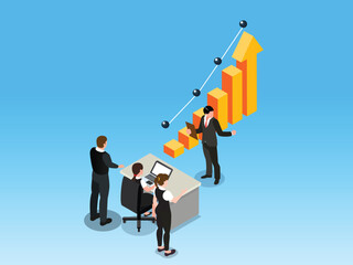 Isometric Business Team Analyzing Growth Chart and Financial Success Strategy 3d vector illustration