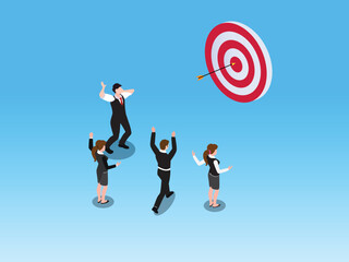 Isometric Business Team Celebrating Success After Hitting the Target Bullseye 3d vector illustration