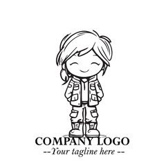 Black and White Chibi Girl Standing in Jacket, Pants, and Boots. Simple Bold Vector Illustration