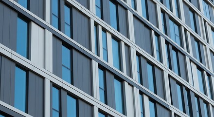 Modern Office Building Facade with Reflective Blue Windows and Geometric Design.
