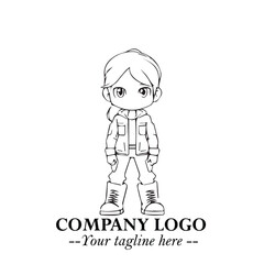 Black and White Chibi Girl Standing in Jacket, Pants, and Boots. Simple Bold Vector Illustration