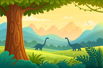 Two Long-Necked Dinosaurs in a Serene Landscape long neck
