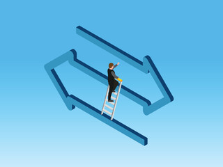 Isometric Businessman on Ladder Bridging the Gap in a Reciprocal Exchange Arrow 3d vector illustration