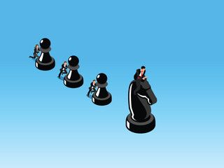 Isometric Businessman Riding Chess Knight Leaping Over Pawns for Strategic Advantage 3d vector illustration
