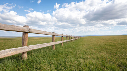 Rustic wooden fence stretches across vast green field bright blue sky filled with fluffy clouds