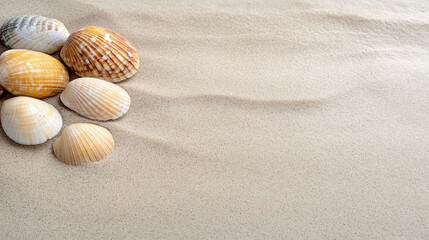 Scattered seashells on soft sand create tranquil beach scene, evoking peace and relaxation
