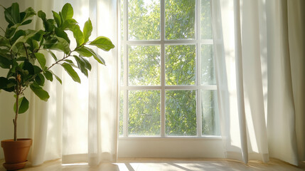 Fototapeta premium Bright sunlight filters through sheer curtains, illuminating peaceful indoor space with potted