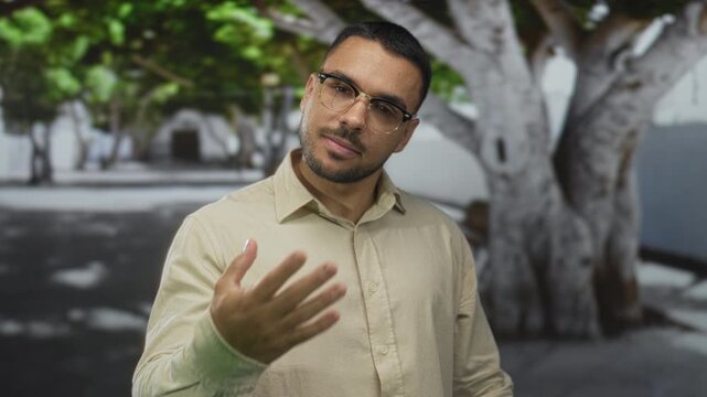Hispanic man wearing glasses gestures hand forward on city street shaded by trees; invitation confidence.