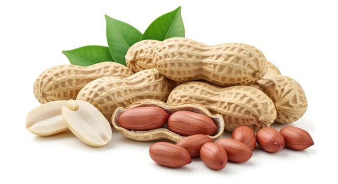 vGroup of peanuts with shells and leaves on a white background healthy snack food