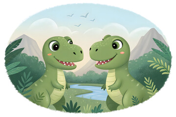 Two Cute Green Dinosaurs in a Lush Landscape cartoon