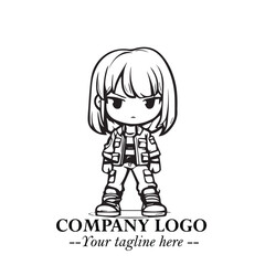 Black and White Chibi Girl Standing in Jacket, Pants, and Boots. Simple Bold Vector Illustration