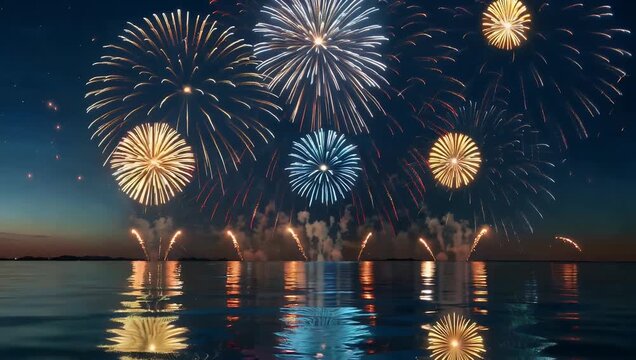 spectacular 4k display colorful fireworks bursting night sky reflecting beautifully water surfaces creating unforgettable new year&rsquo;s eve celebration atmosphere full joy festivity vibrant light