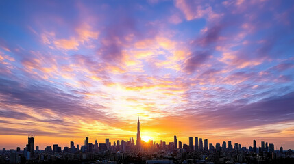 Obraz premium Stunning skyline at sunset with vibrant colors and dramatic clouds creating peaceful atmosphere