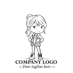 Black and White Chibi Girl Standing in Jacket, Pants, and Boots. Simple Bold Vector Illustration