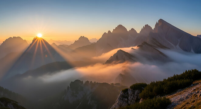 Golden sunrise illuminates misty mountain peaks