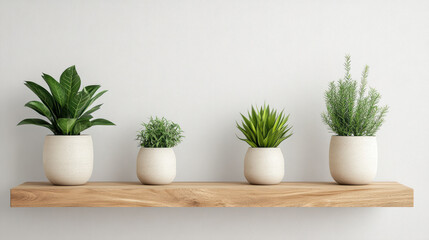 Fototapeta premium Indoor shelf displays various potted plants, adding touch of greenery and freshness