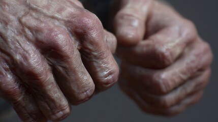 Elderly fingers and wrists show bone deformation and skin folds.