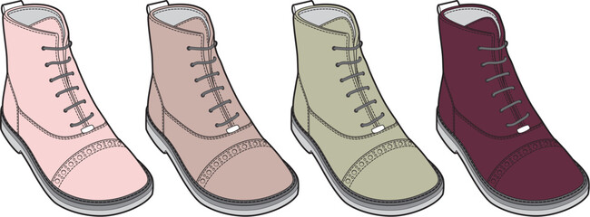 An illustrative display of four comfortable lace-up ankle boots, showcasing a diverse palette of contemporary colors, ideal for casual fashion and practical everyday wear