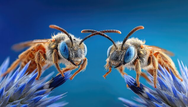 Two bees face each other on a flower