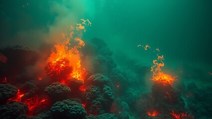 toxicology. A terrifyingly beautiful underwater scene where the coral reef is consumed by an acidic neon-green and orange haze. ESG reports.