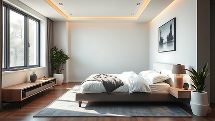 interlude. Modern bedroom interior with natural light, contemporary living space. real-estate listings, architecture portfolios, designed for interior renovation comparisons for interiors.
