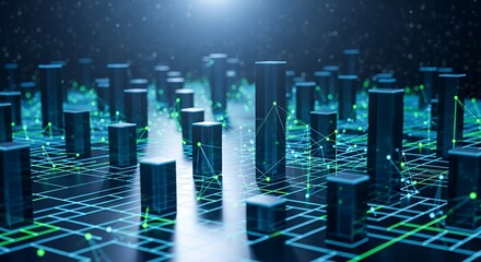 Abstract Digital Cityscape with Glowing Connections and Data Flow.