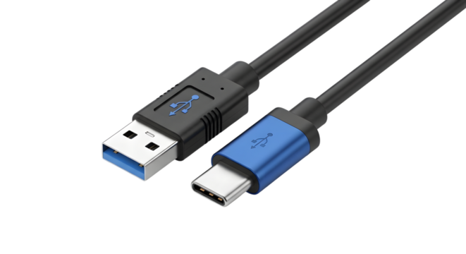 High speed usb 3 0 type a to type c data transfer cable isolated on transparent background